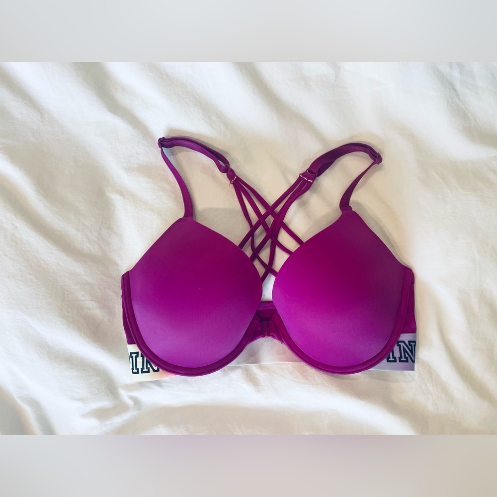 VS PINK Wear Everywhere Push-up Bra, Front Close, Fuchsia, Size 32DD